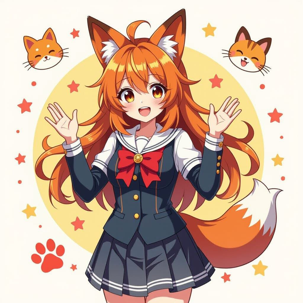 Anime Fox Girl in School Uniform with Paws
