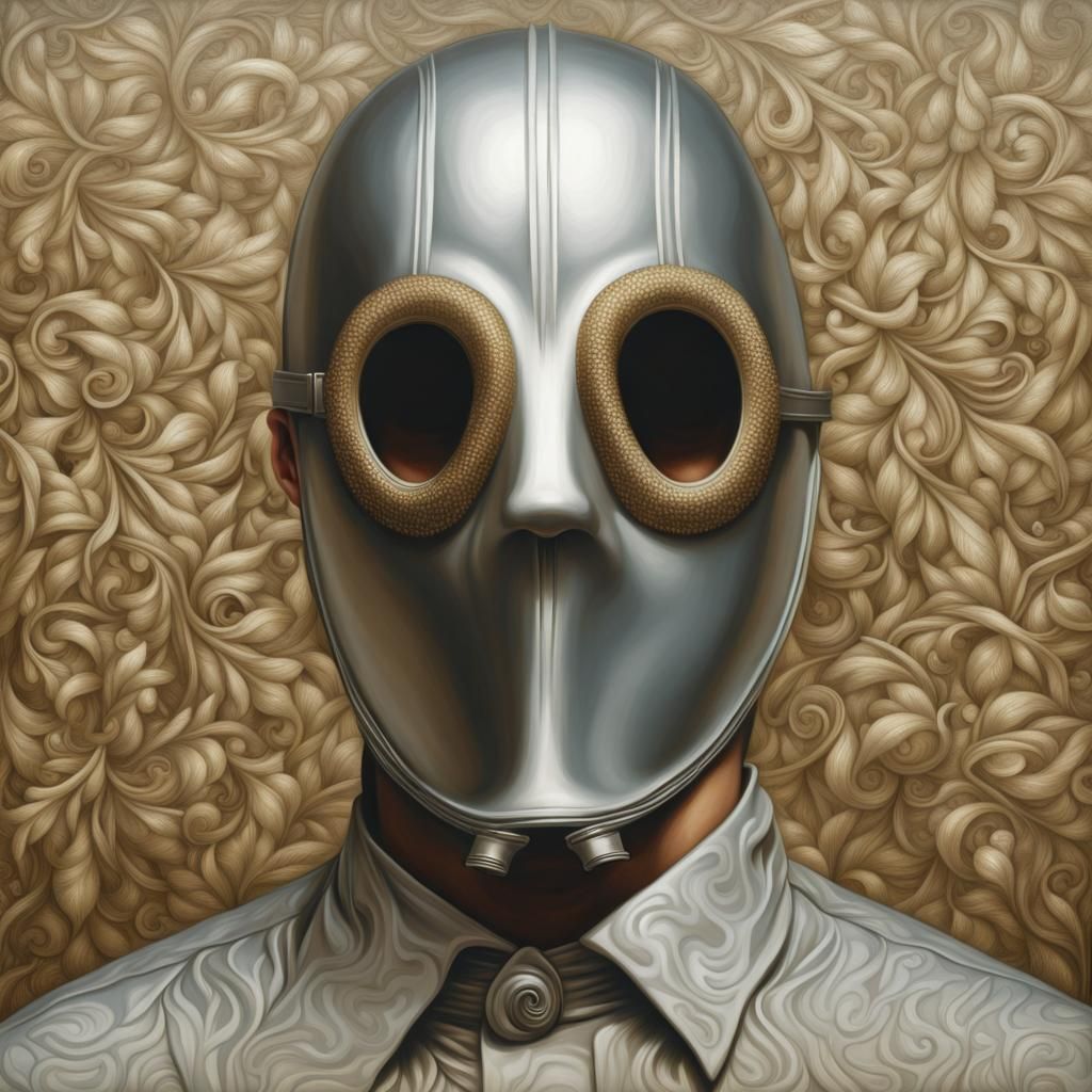 Silver Masked Figure: Hyperrealistic Oil Painting