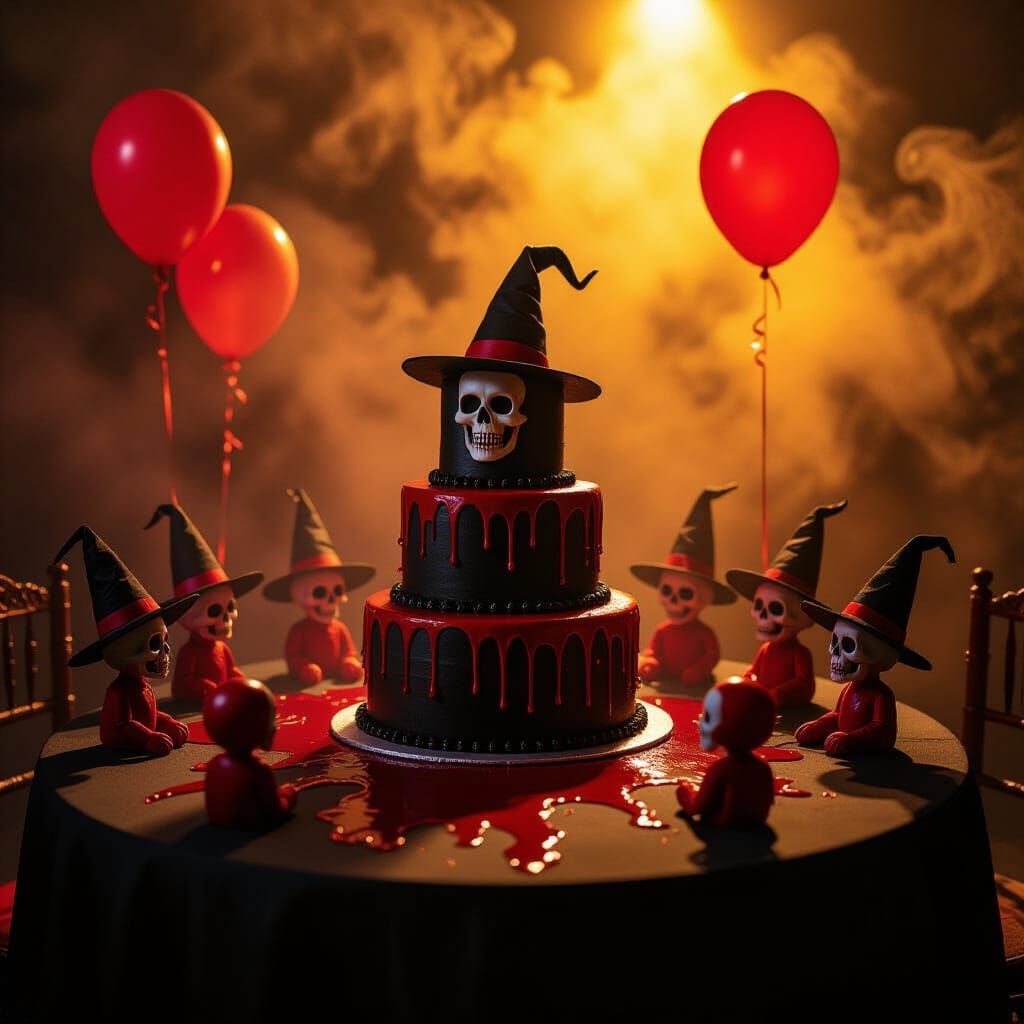 Macabre Birthday Horror Scene with Monstrous Figures