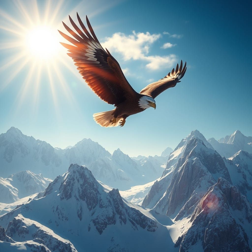 Eagle soars above Snowy Peaks in Vibrant Winter Landscape