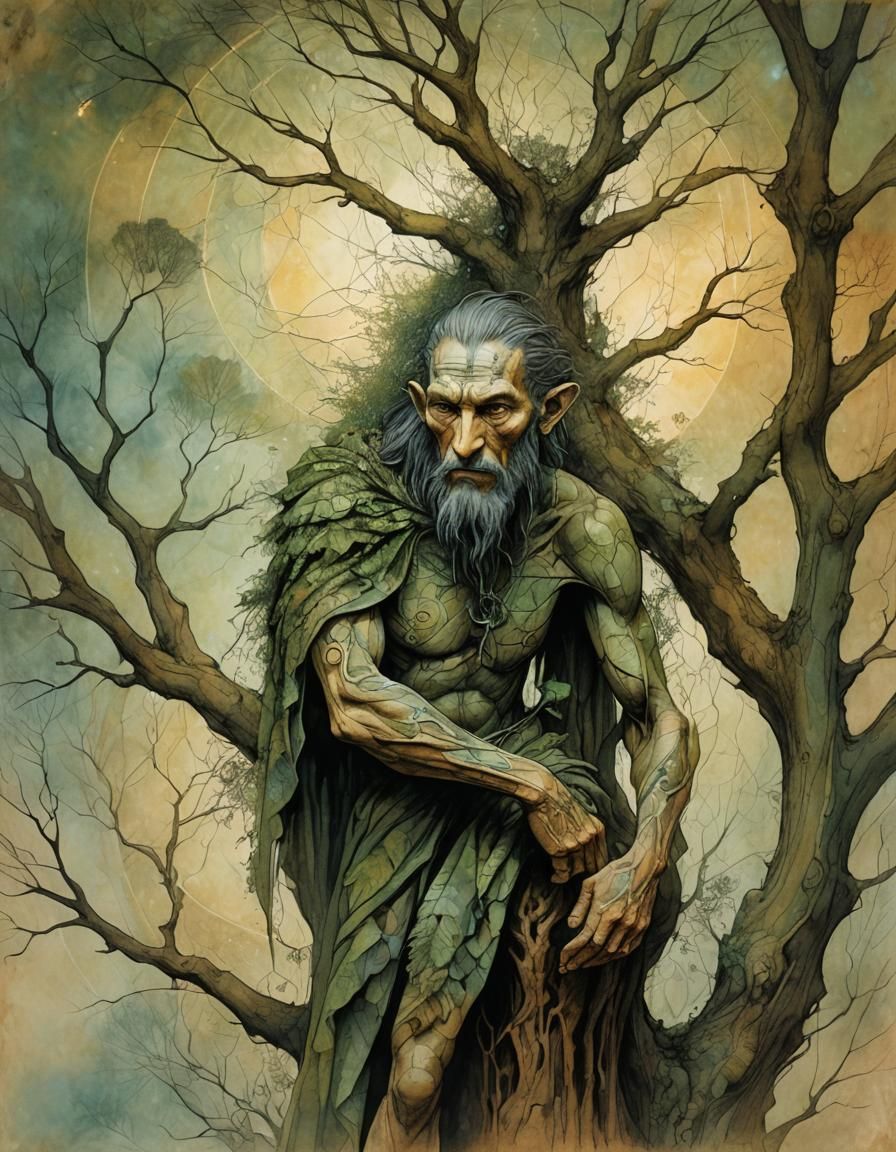 Earth Elemental Man Camouflaged in Tree