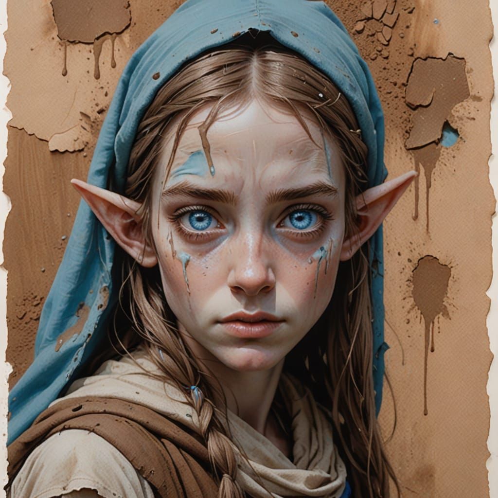 Anti-war rhetoric showing a small elven girl with bright blu...
