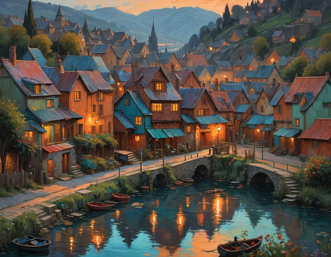 Colorful Village at Dusk: An Impasto Painting