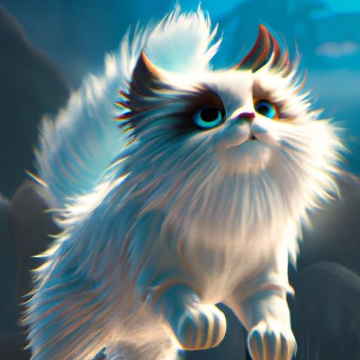 Cute Fluffy White Cat Chibi Fantasy Art