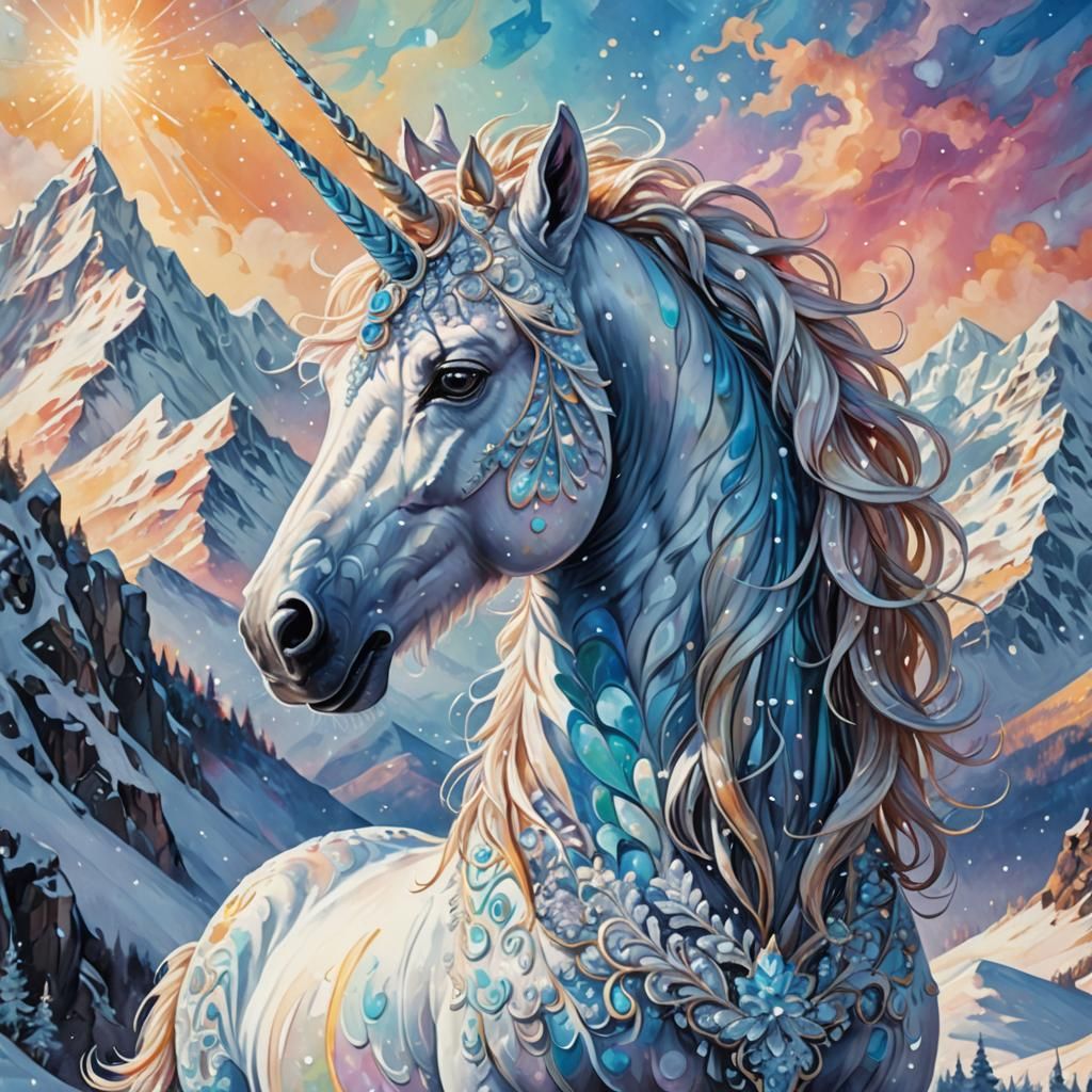 Icy Unicorn on Snowy Peak: Fantasy Oil Painting