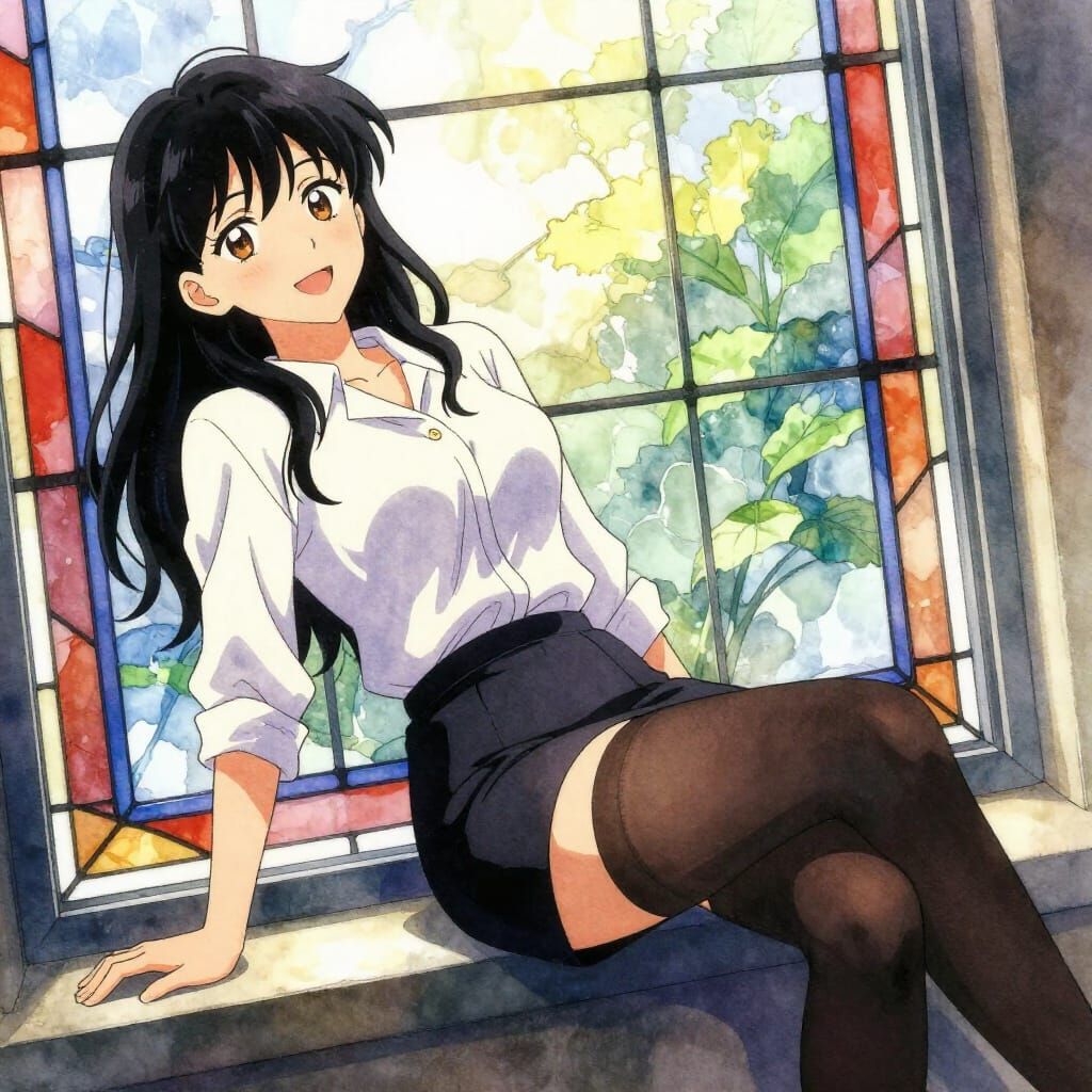 Woman Smiling by Stained Glass Window in Watercolor Anime St...