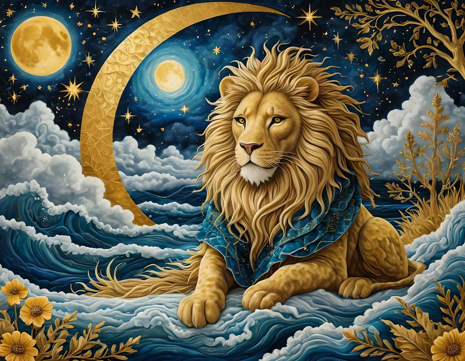 Celestial Lion in Gilded Gothic Seascape