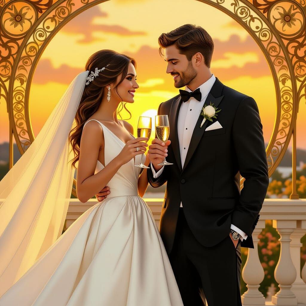 Bride and Groom Toast at Sunset in Art Nouveau Style