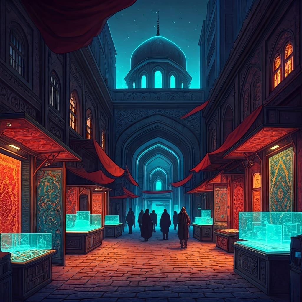 Futuristic Tehran Marketplace in Cyberpunk Style
