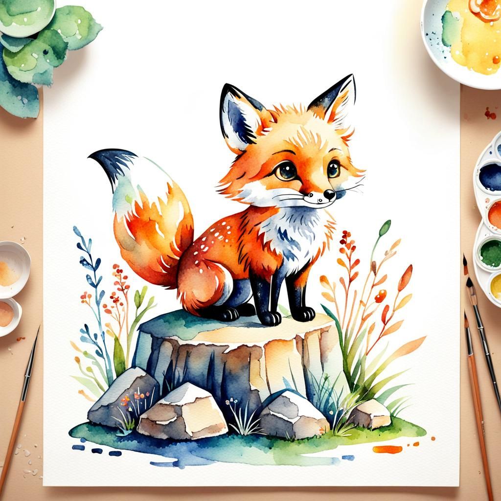 Charming Watercolor Illustration of a Cute Little Fox