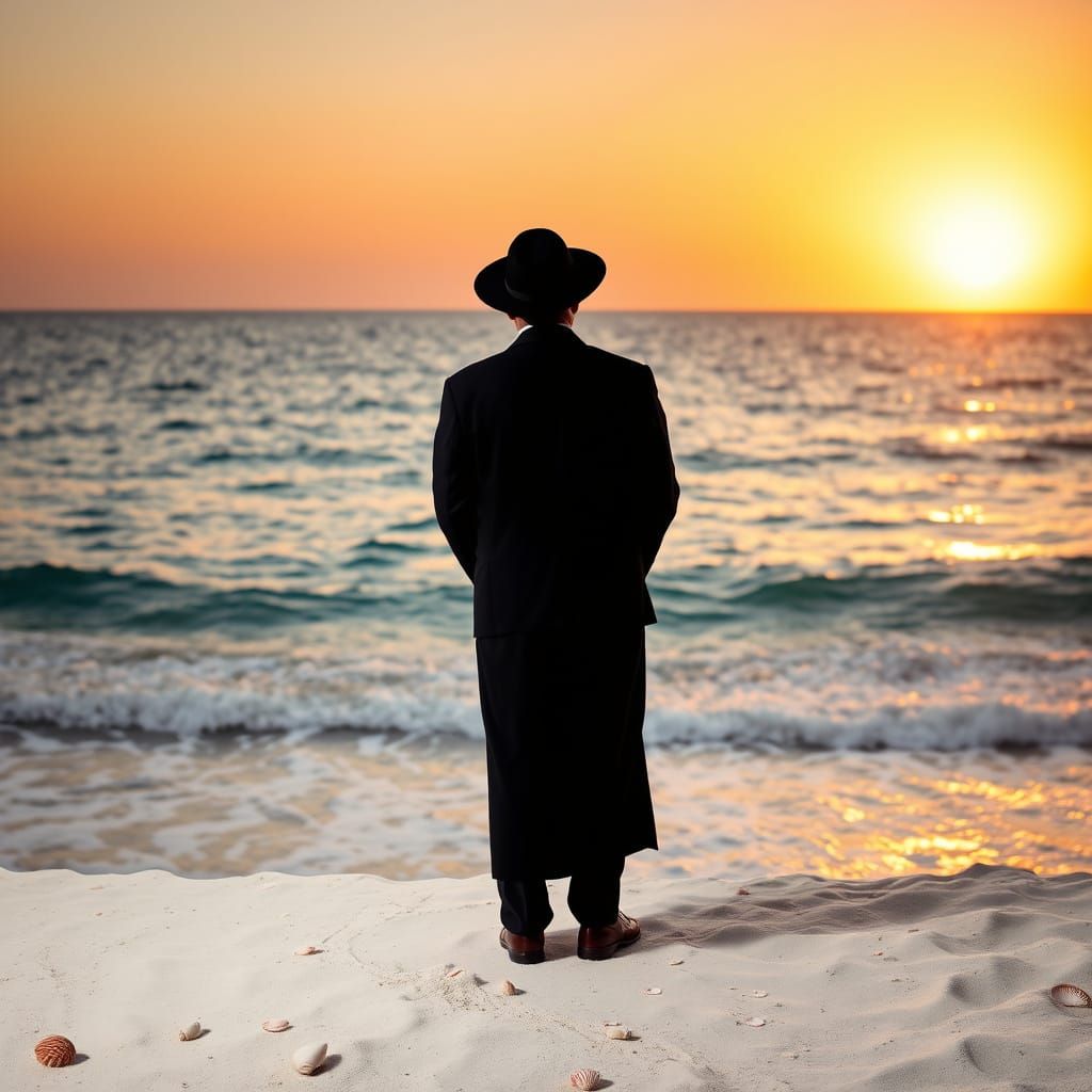 Haredi Man Contemplates Sunset Over the Sea