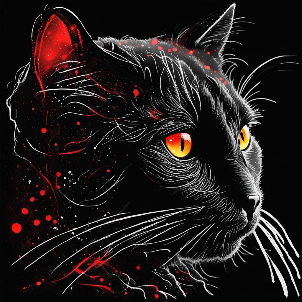Dreamlike Black Cat Sketch in Red Ink