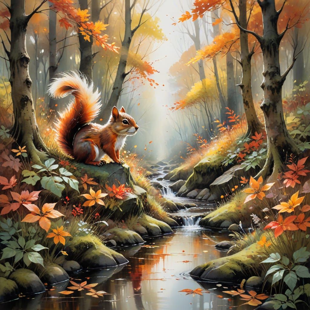 Autumn Squirrel Watercolor Painting in Ethereal Style