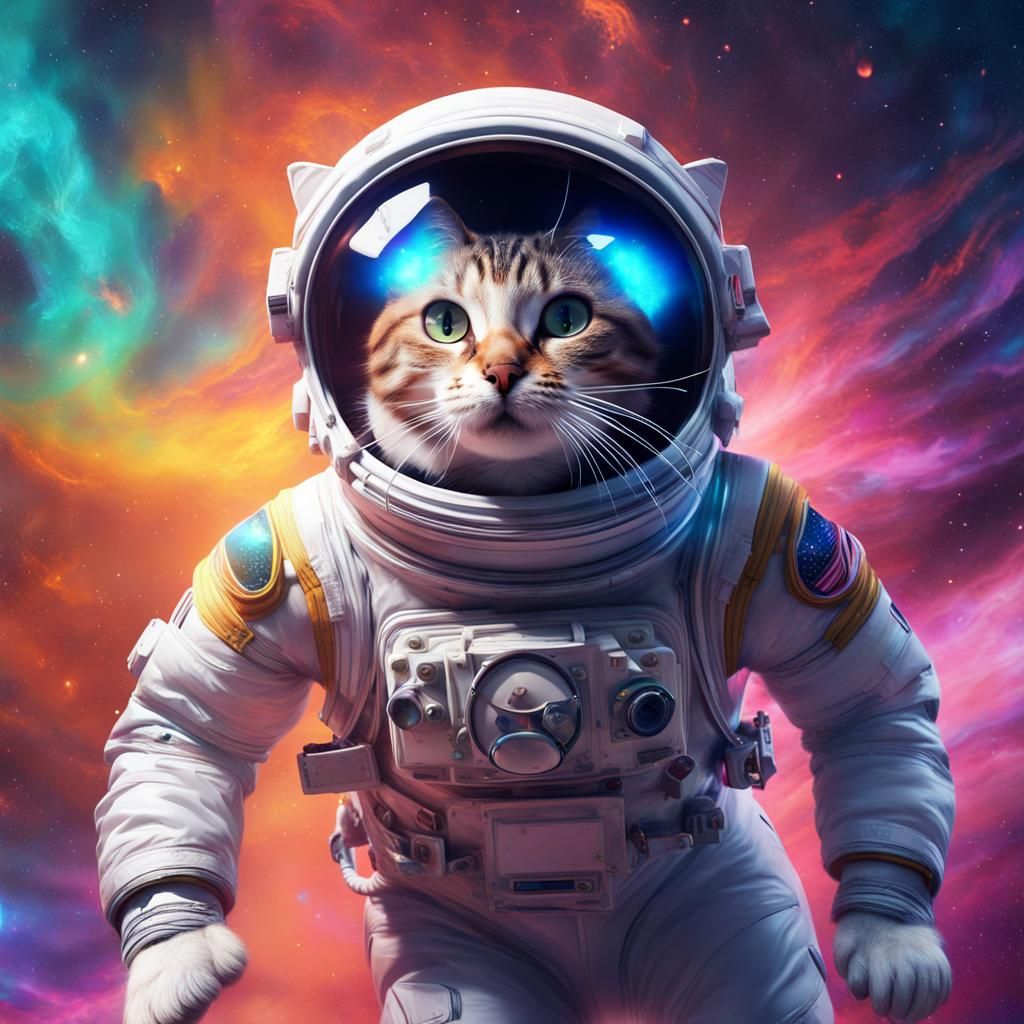 Psychedelic Cat Astronaut in Nebulous Space