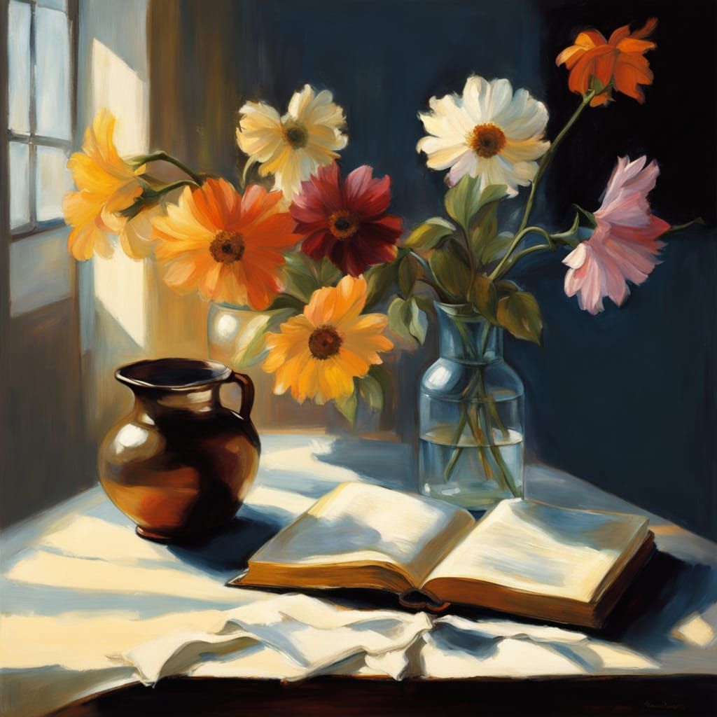 Dreamy Still Life of a Flower and Book in a Warm, Golden Lig...
