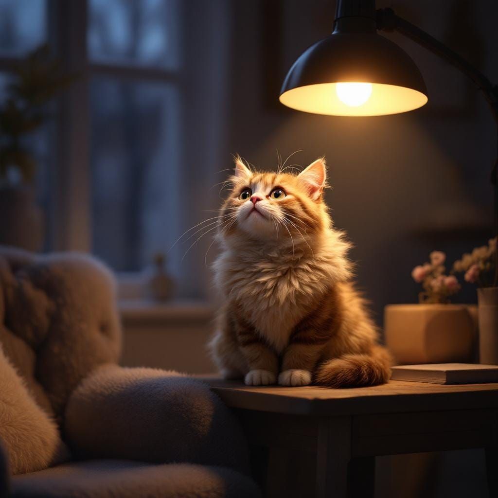 Cozy Cat Under Warm Light, Photorealistic Style