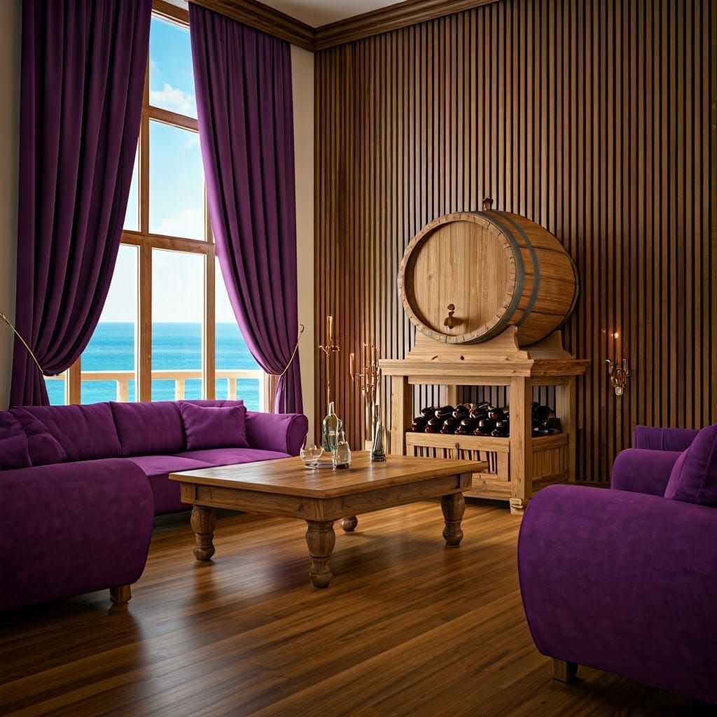 Luxurious Modern Living Room with Purple Accents and Ocean V...