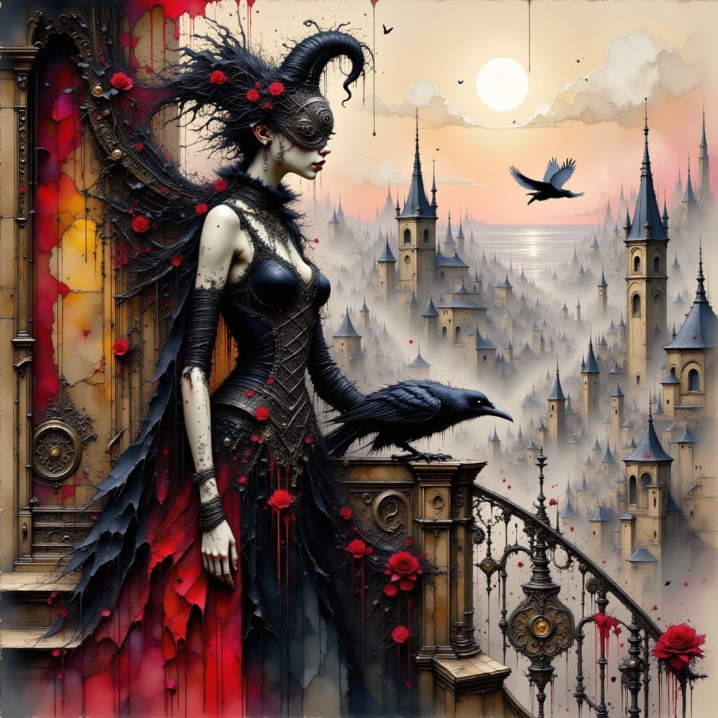 Regal Vampire Queen with Cybernetic Implants Overlooking Fut...