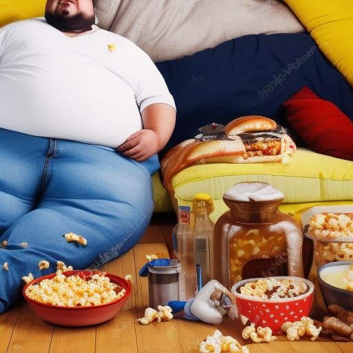 Obese Man Eats Junk Food in Dirty Room