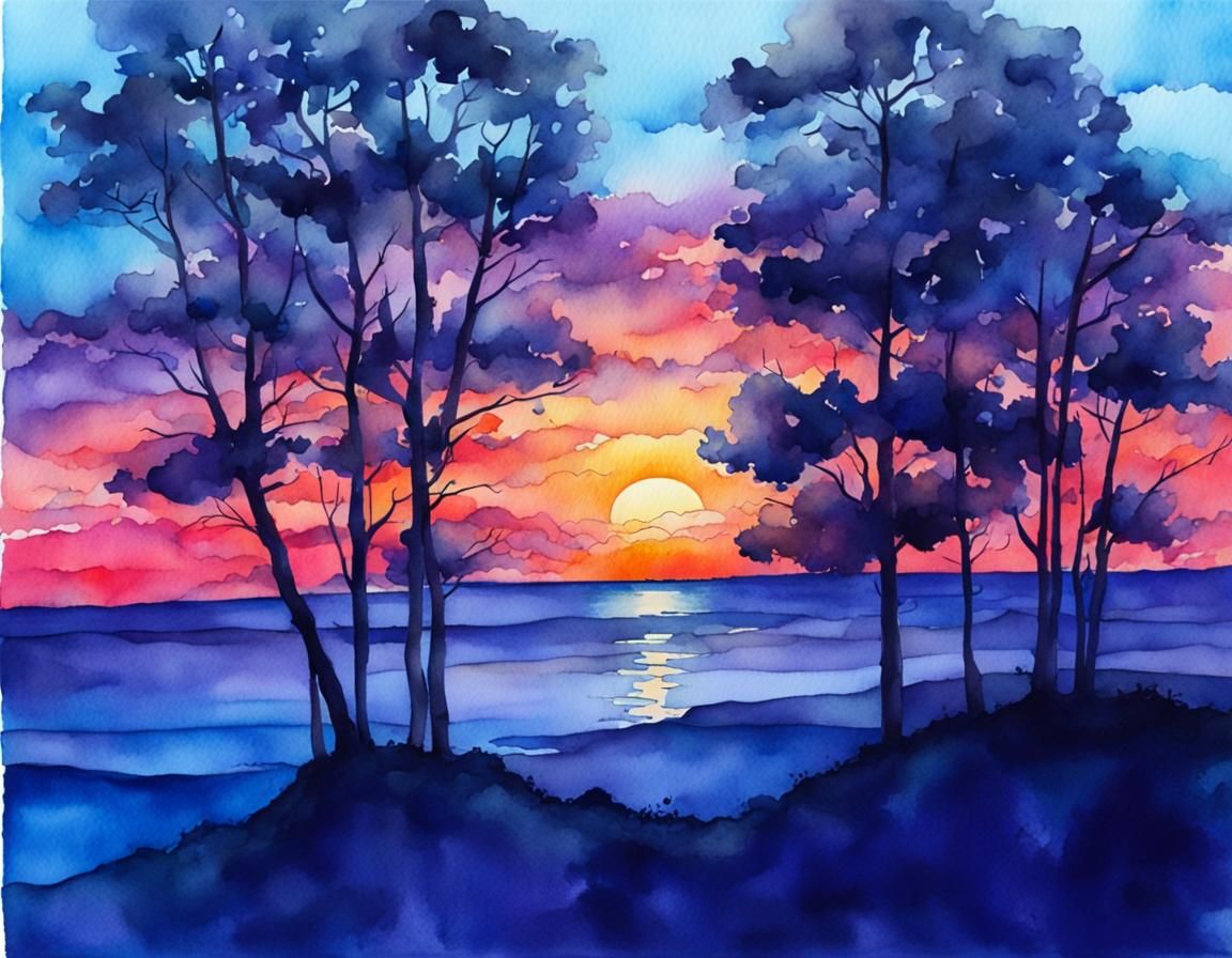 Vibrant Watercolor Sunset Between Two Trees