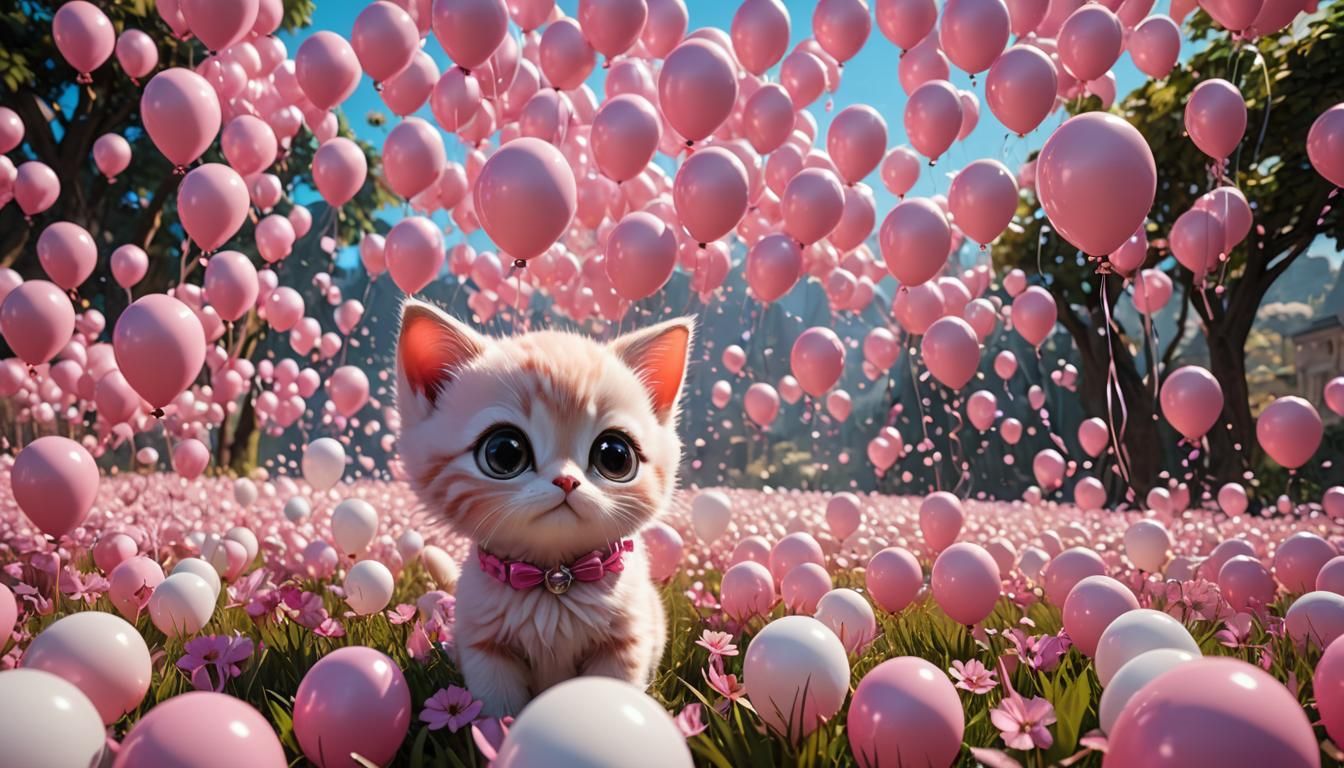 Adorable Pink Kitten with Balloons, Chibi Style