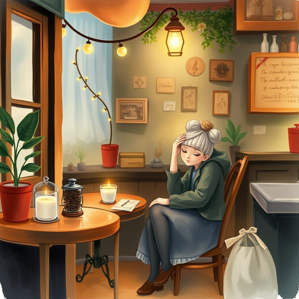 Cozy Café Scene in Whimsical Watercolor Style