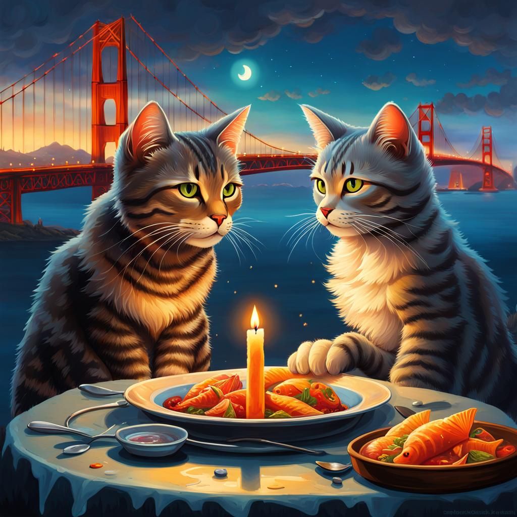 Romantic Tabby Cats Dinner Under the Golden Gate Bridge