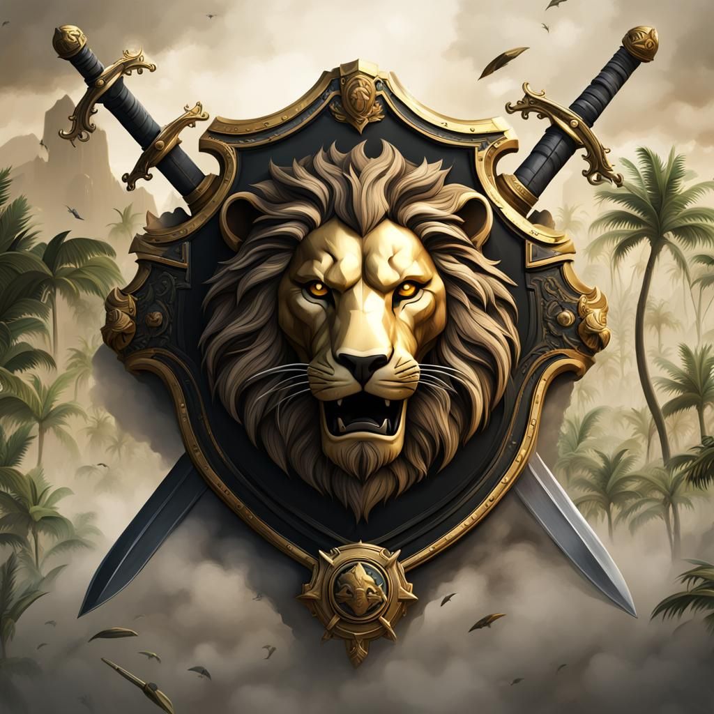 Ornate Family Crest with Lions in Jungle Scene