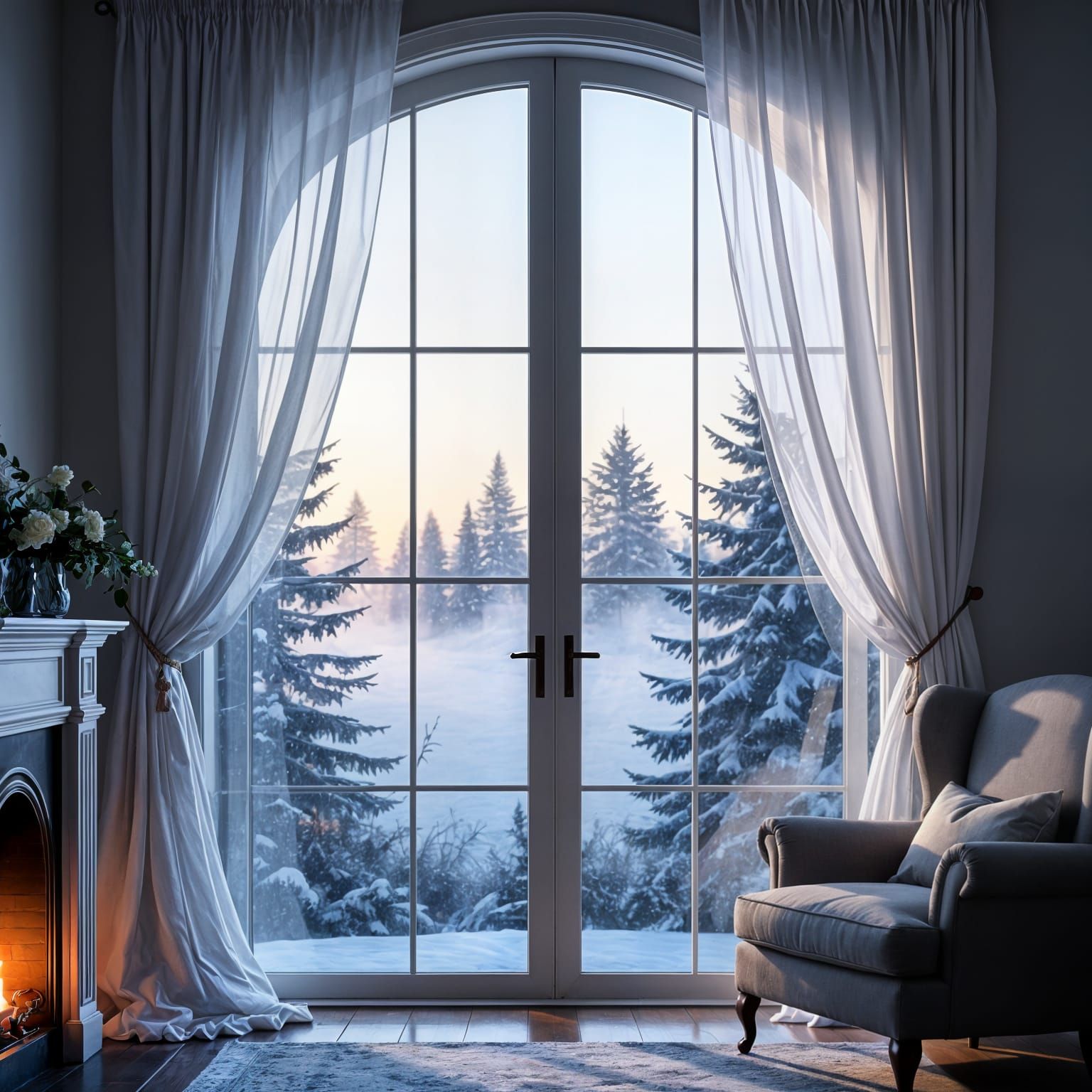 American Style Arch Window with Foggy Pine Forest View