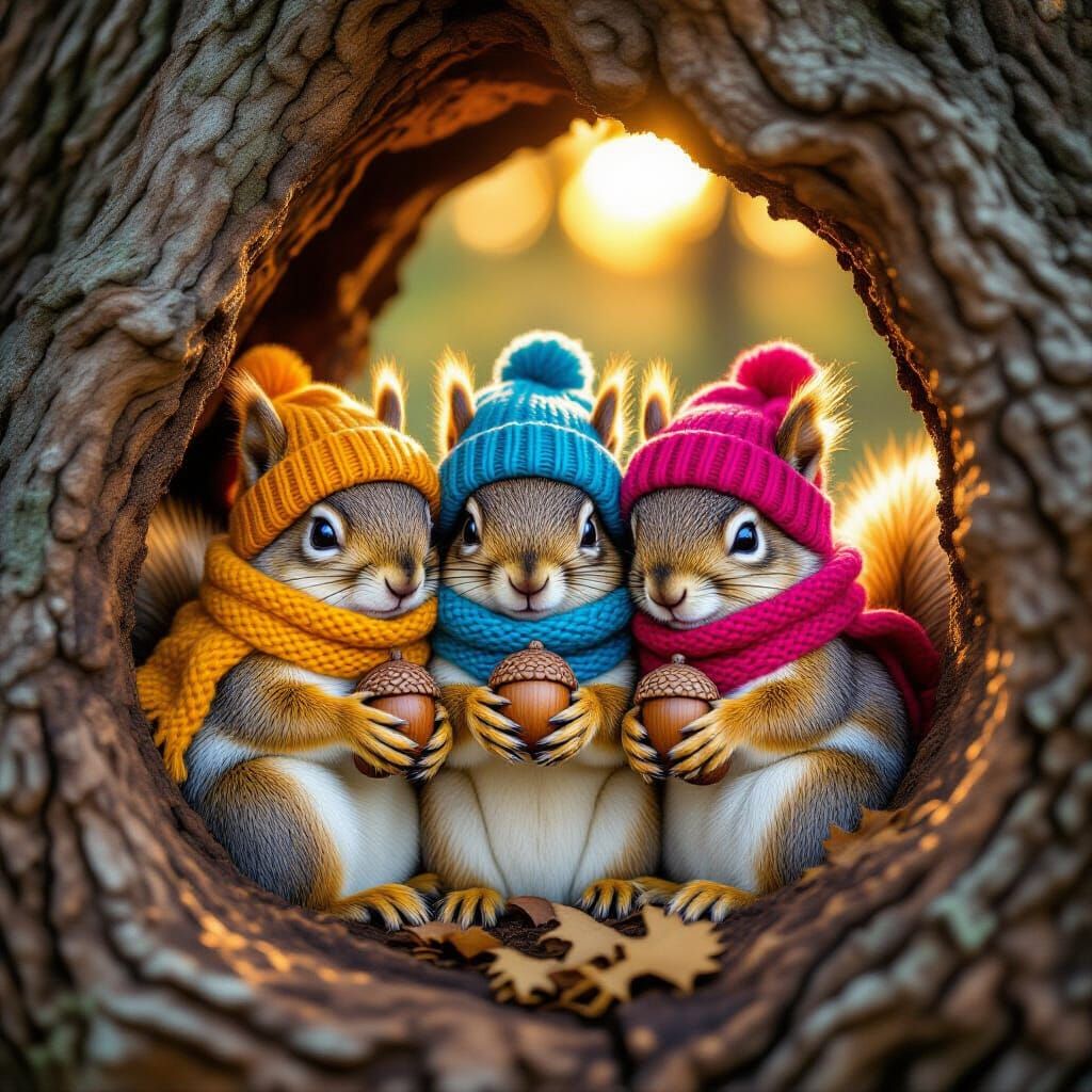 Fluffy Squirrels Snuggled in Oak Tree Hollow