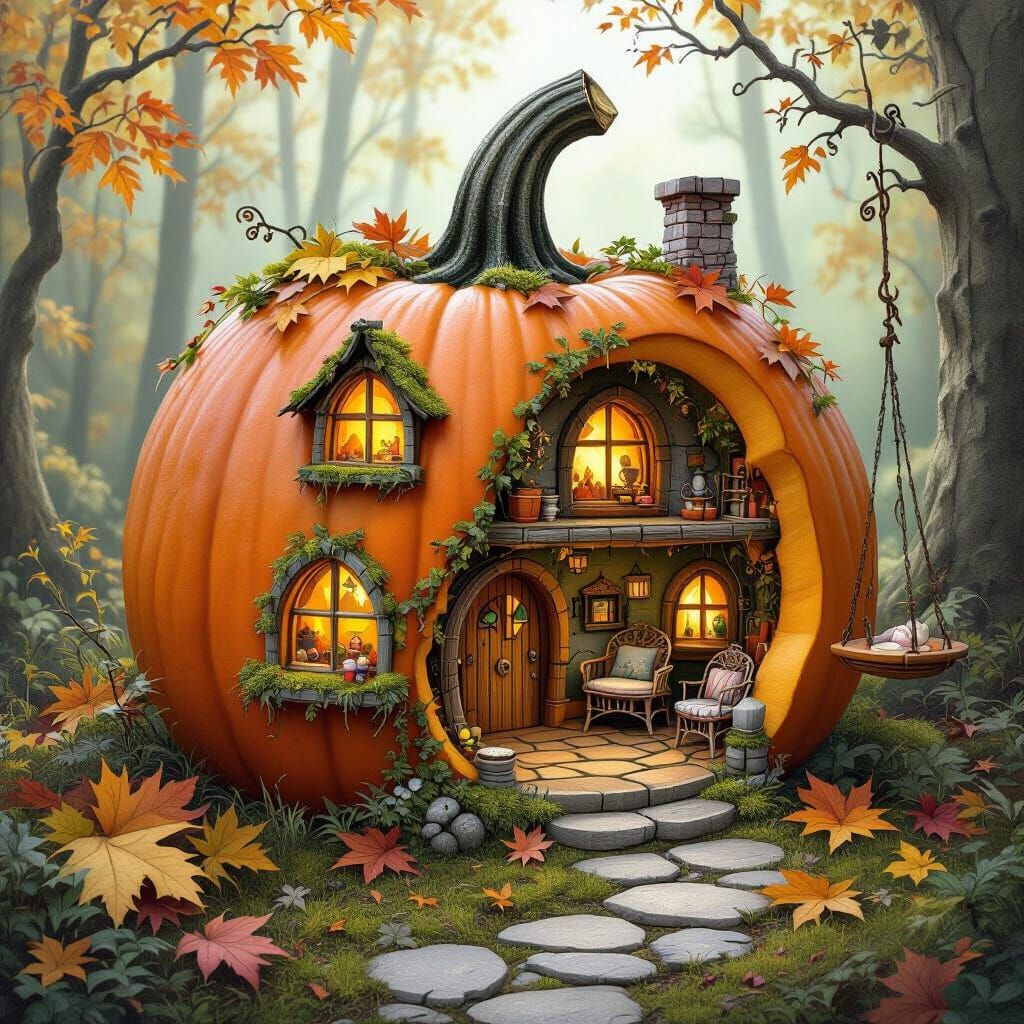 Whimsical Fairy House Inside Pumpkin in Woods