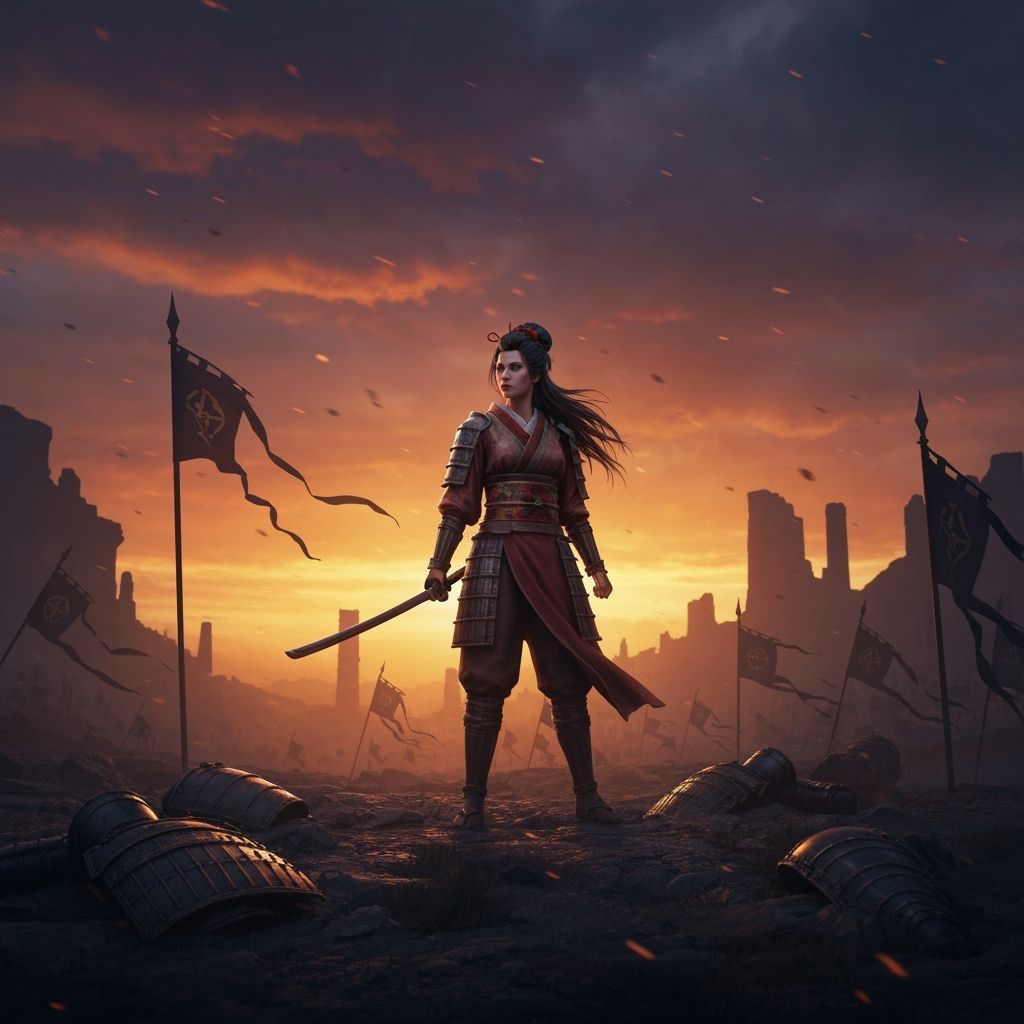 Geisha Warrior on Windswept Battlefield: Hyperrealistic Matt...