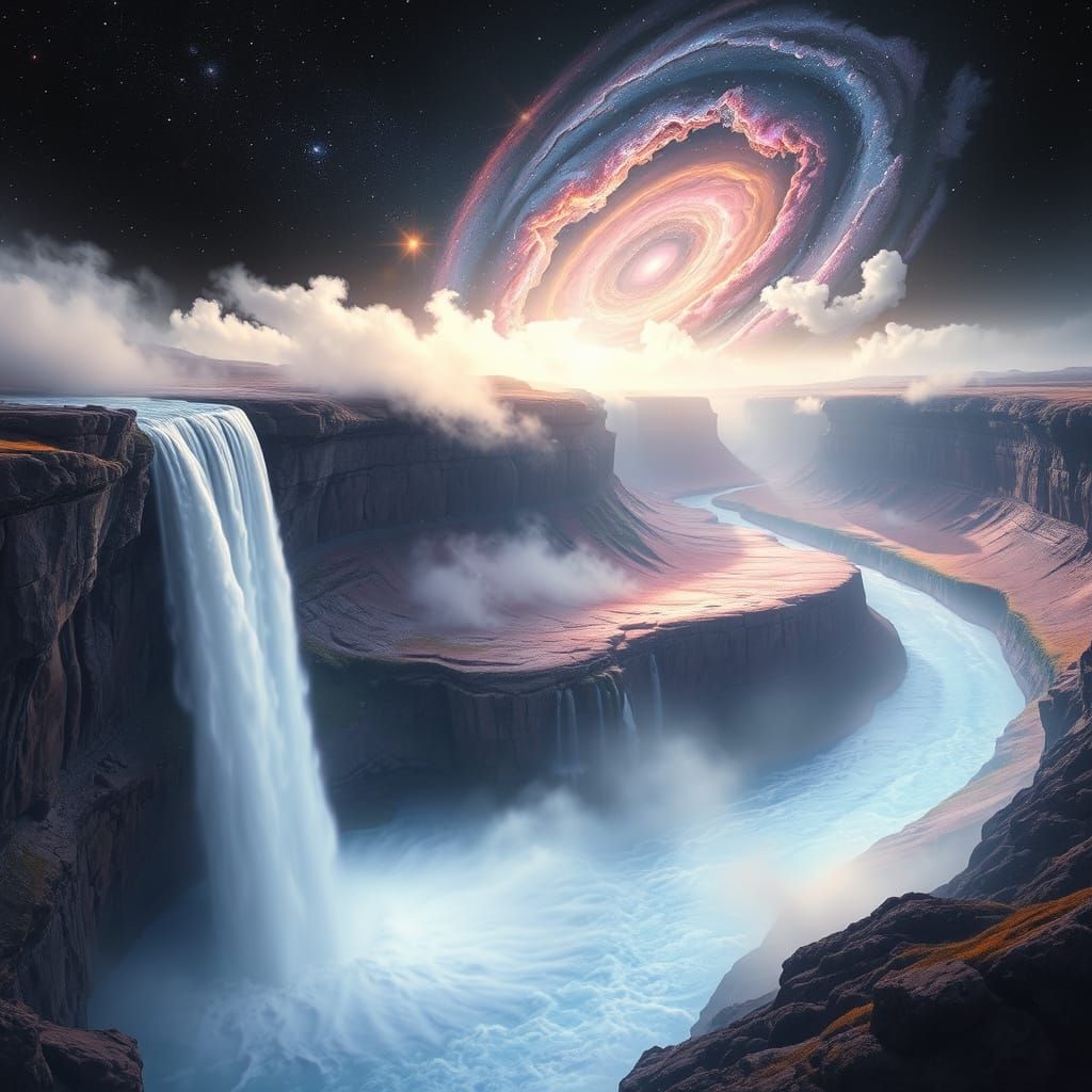 Surreal Waterfall Cascades into Cosmic Landscape
