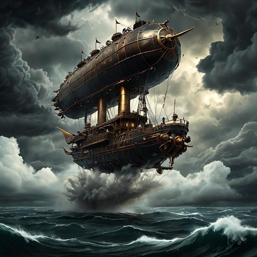 Steampunk Skyship Emerges from Storm in Ink Painting