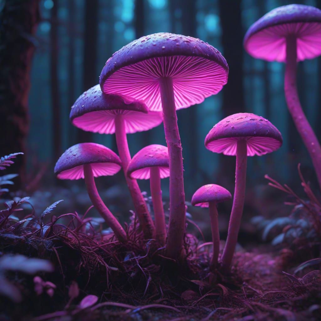 Neon Fungi in Vaporwave Forest: Macro Photography