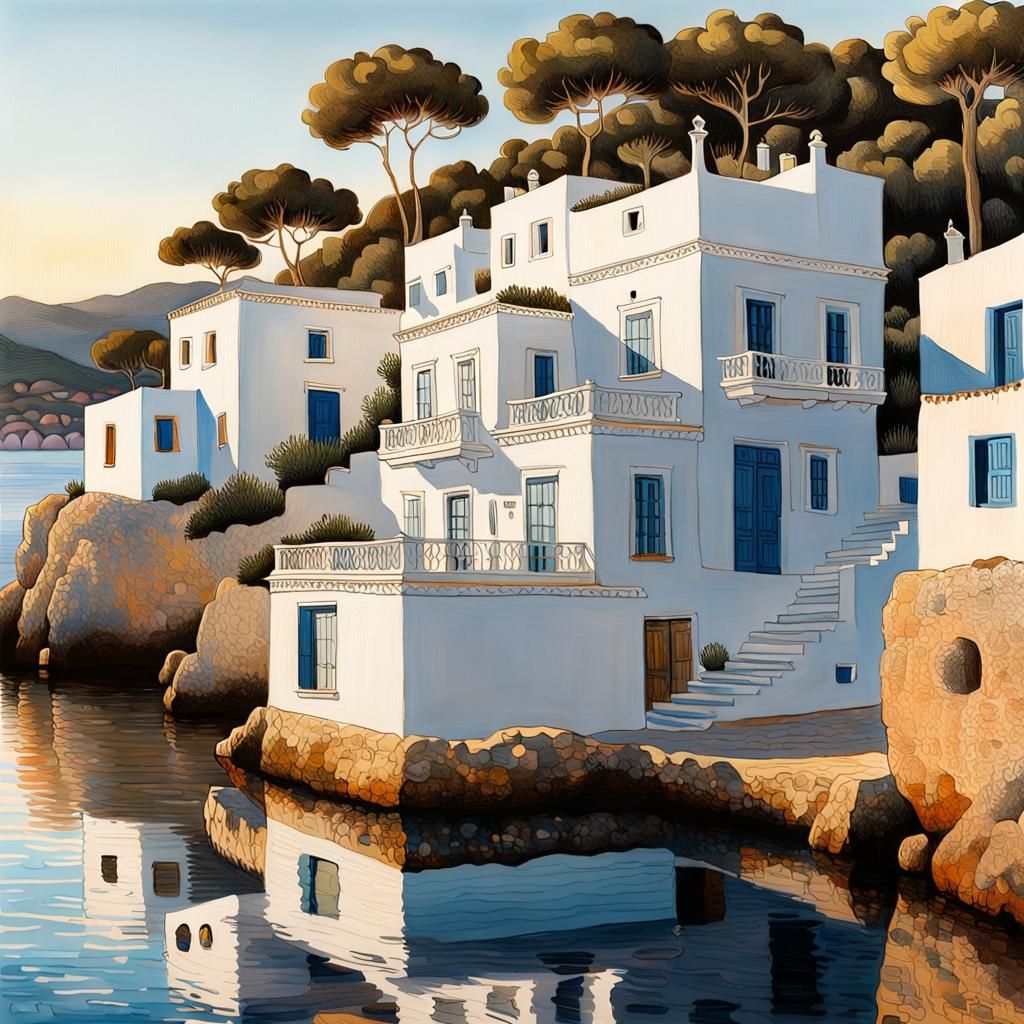 Ibiza Fisherman's House at Dawn: Gouache Architectural Sketc...