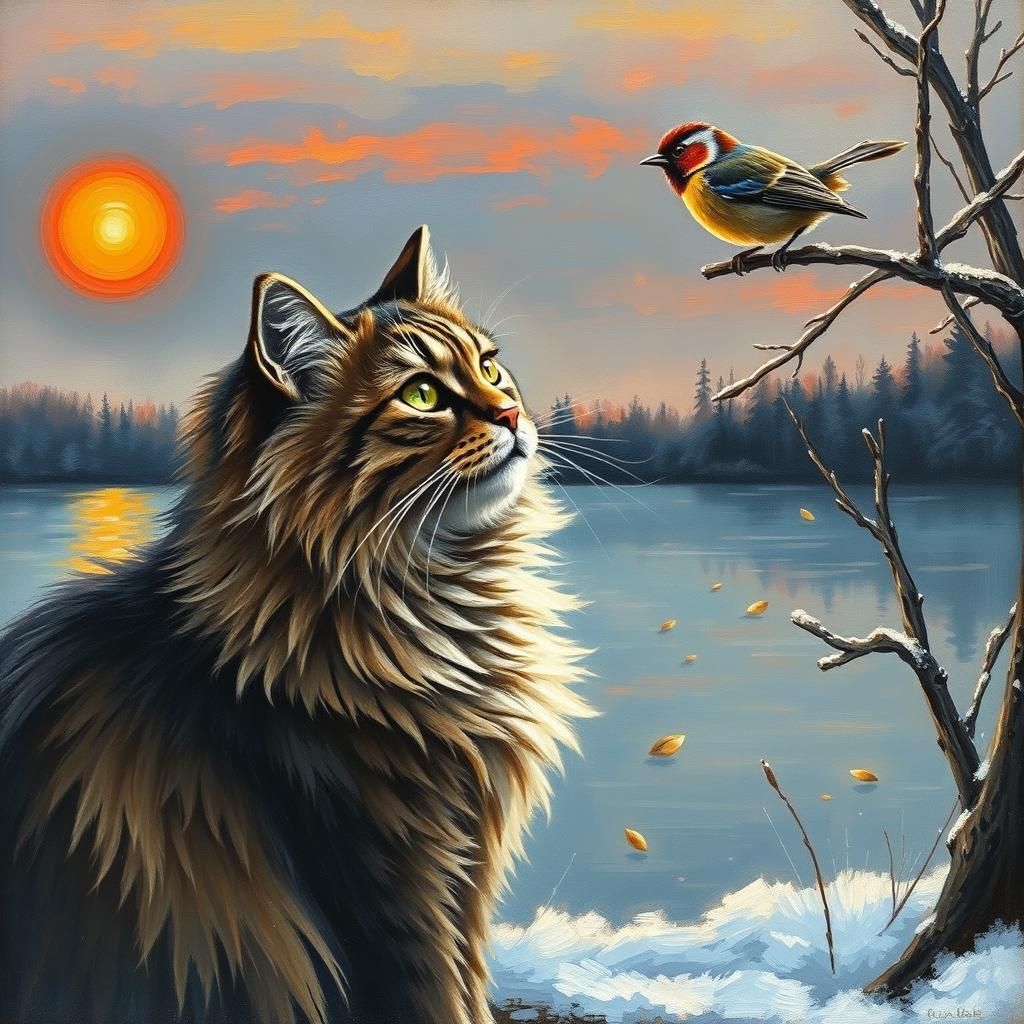 Maine Coon Cat Gazing at Wren: Impasto Oil Painting