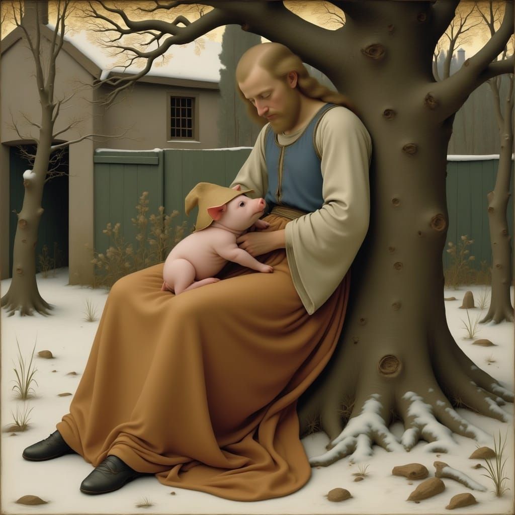 Jesus Holding Piglet in Winter Tree, Pre-Raphaelite Style