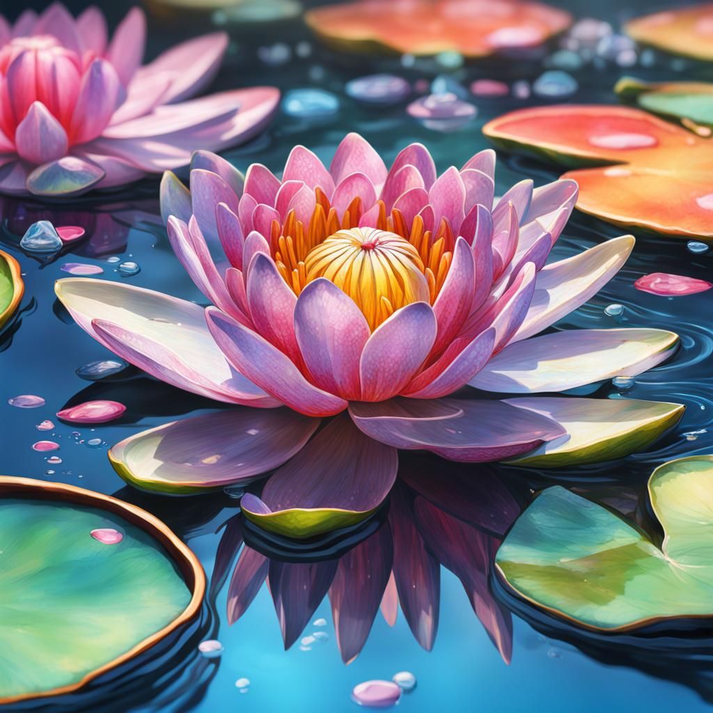 Intricate Crystal Water Lily Splash Art