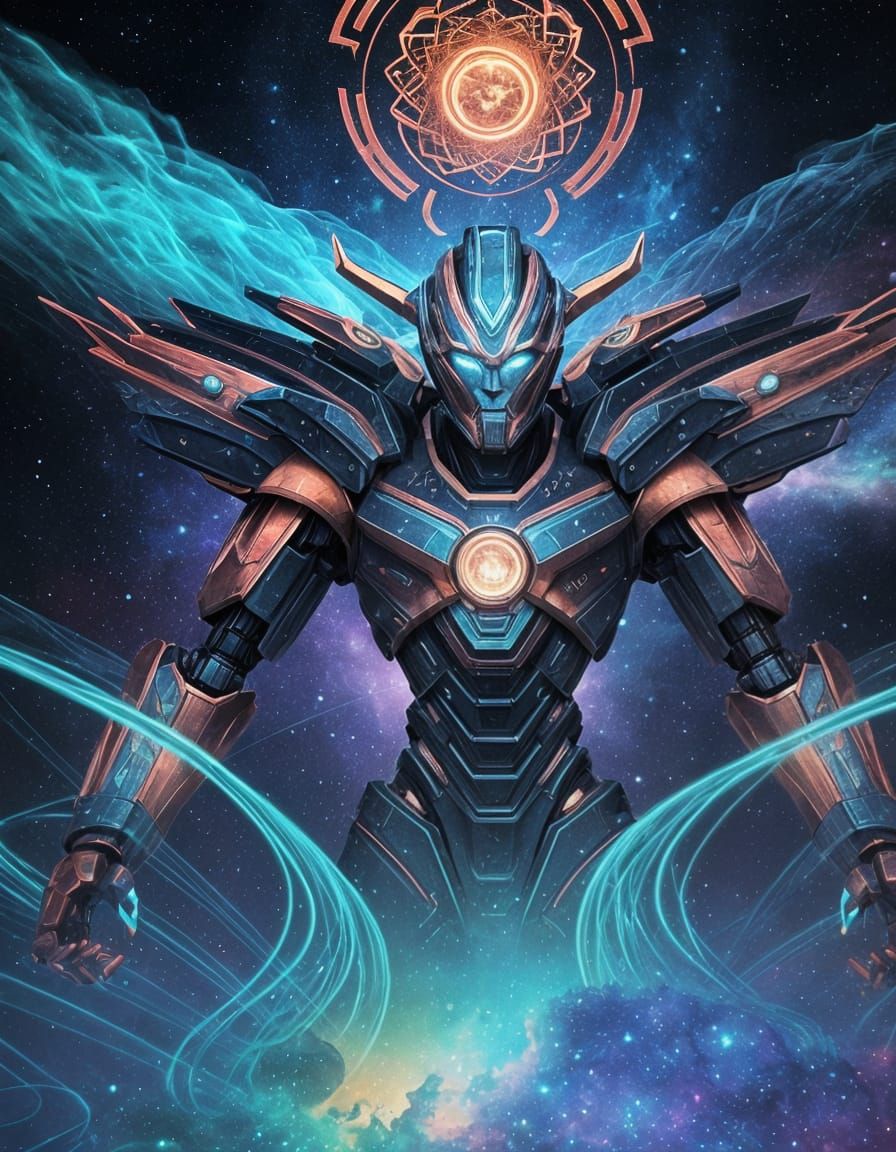 Fiery Bearded Robot in Astral Holographic Illustration