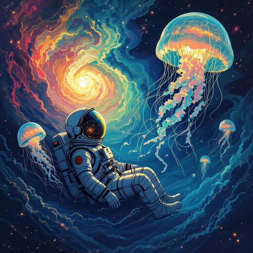 Astronaut Lost in Cosmic Ocean with Van Gogh Nebulae and Gia...