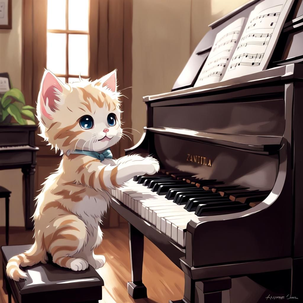 Anime Kitten Plays Piano in Manga Style