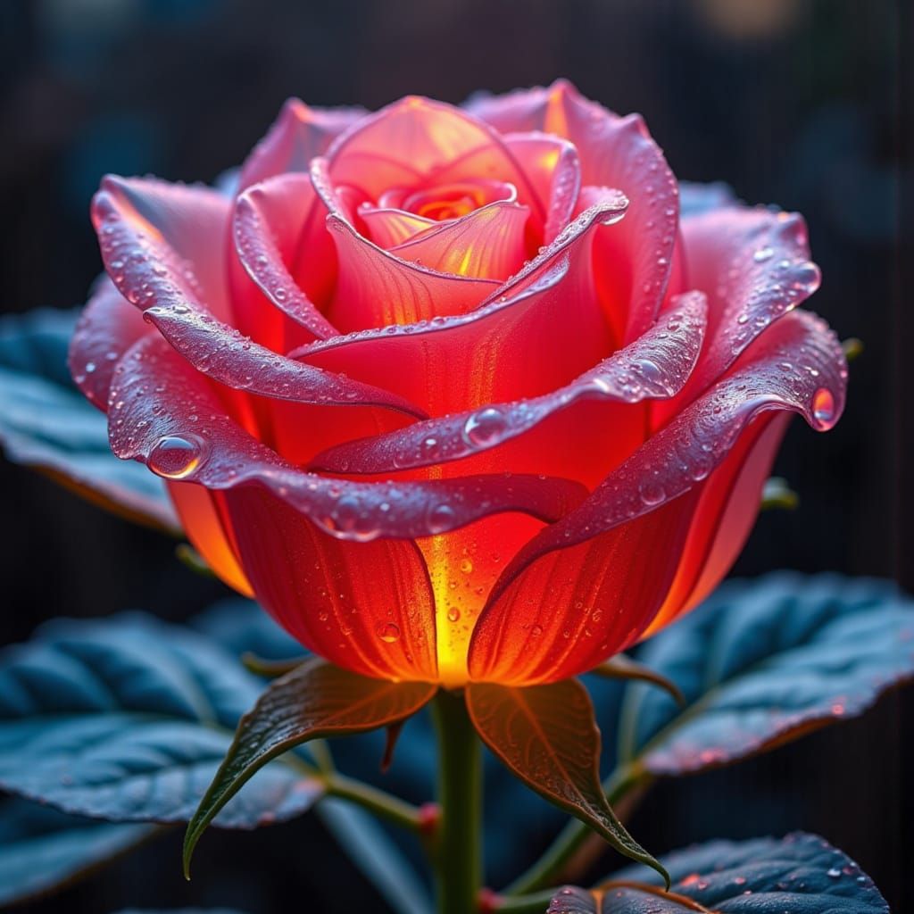 Hyperdetailed Glass Rose with Dew Drops in Ethereal Glow