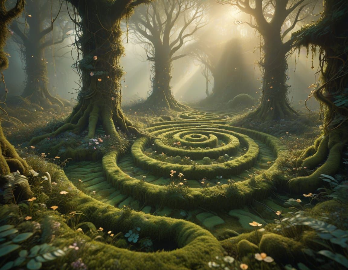 Enchanted Forest Maze Concept Art with Ethereal Flora