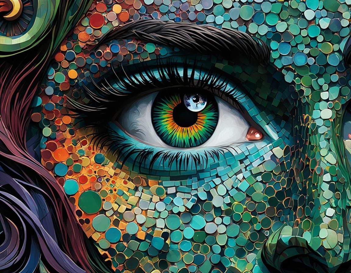 Hypnotic Close-Up of a Human Face in Vibrant, Abstract Digit...