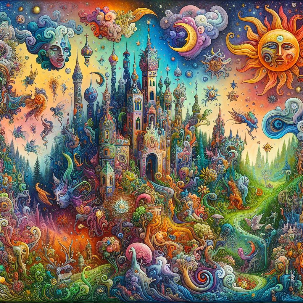 Whimsical Landscape with Castle and Celestial Figures