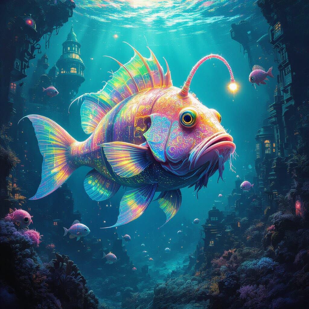 Bioluminescent Anglerfish in a Surreal Underwater City
