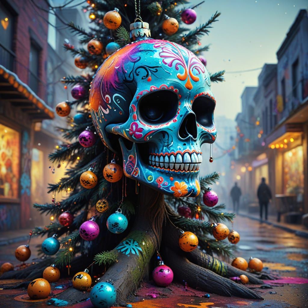 Day of the Dead Christmas Tree in Vibrant Graffiti Art