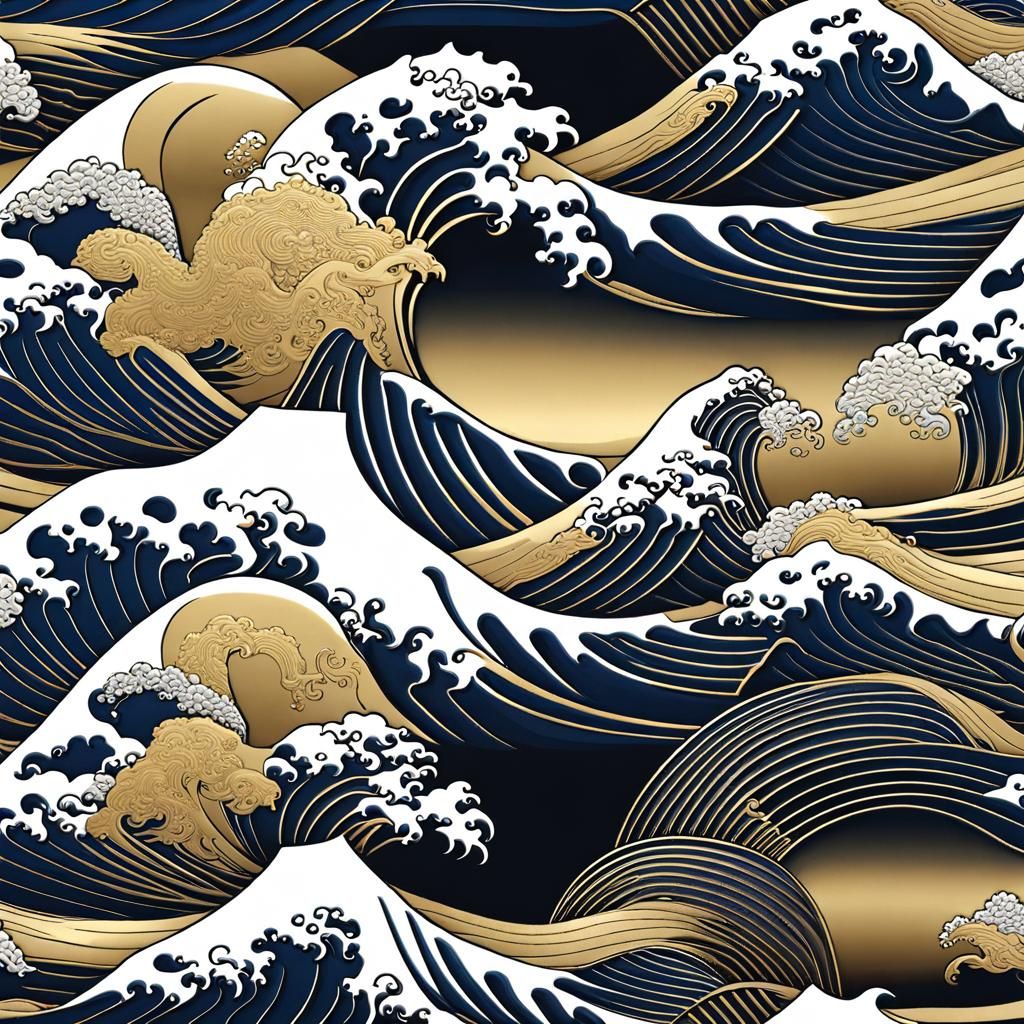 Metal, Gold, and Silver Great Wave Sculpture