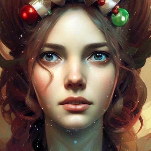 Intricate Portrait of Christmas Queen in Art Nouveau Style